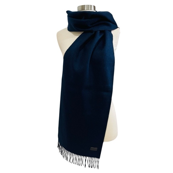 Hickey Freeman Solid Double Face Merino Wool Fringe Scarf Brown/Navy Reversible - Picture 2 of 16